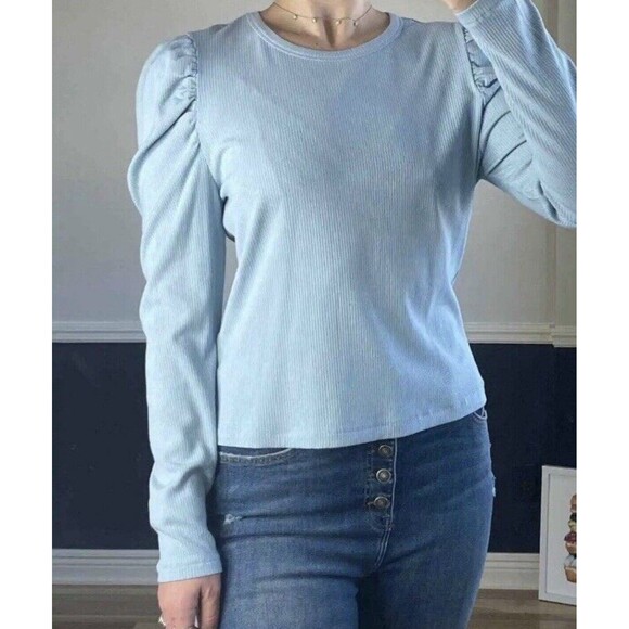 7 For All Mankind Puff Sleeve Ribbed Crew Neck Baby Blue Size M EUC!!! - Picture 1 of 5